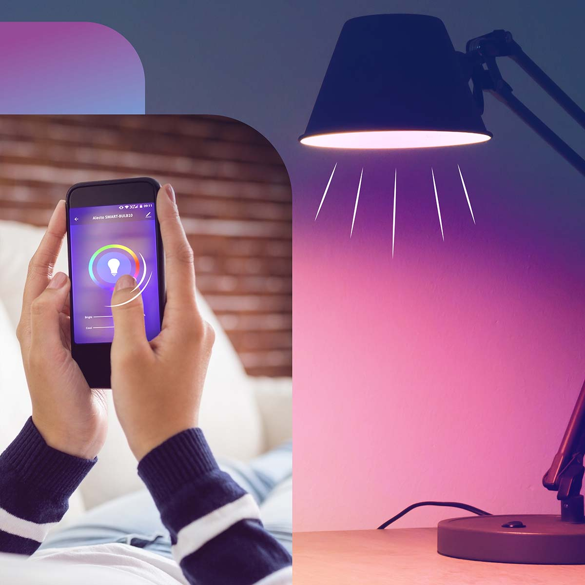 Person bedient eine Smart-Lampe per Smartphone; daneben eine Schreibtischlampe mit lila Licht.