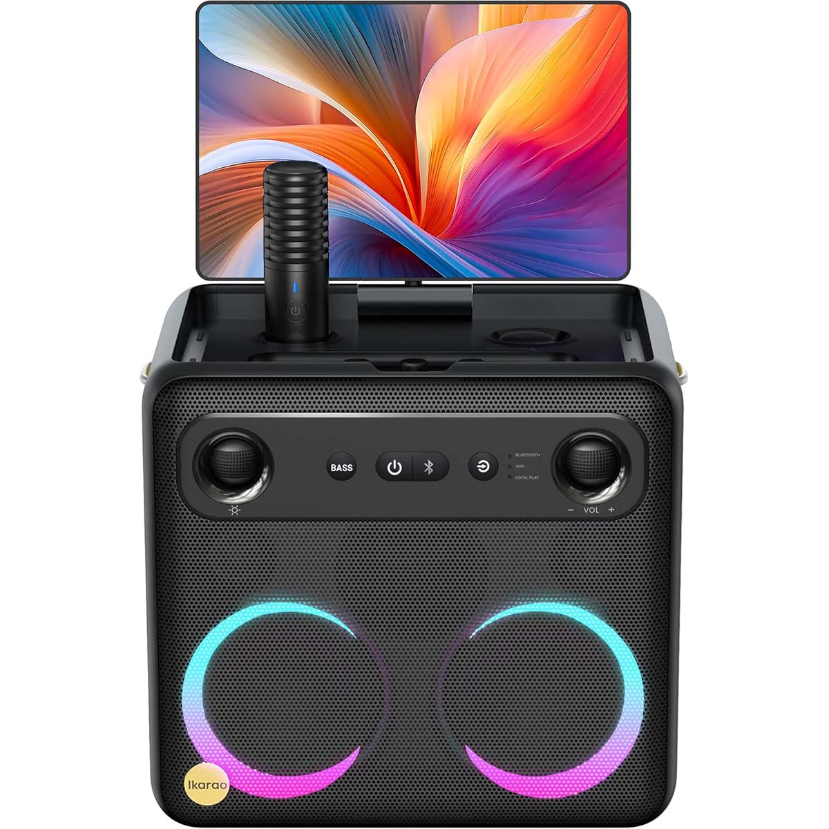 Schwarzer Bluetooth-Lautsprecher mit Mikrofon und farbigem Display.