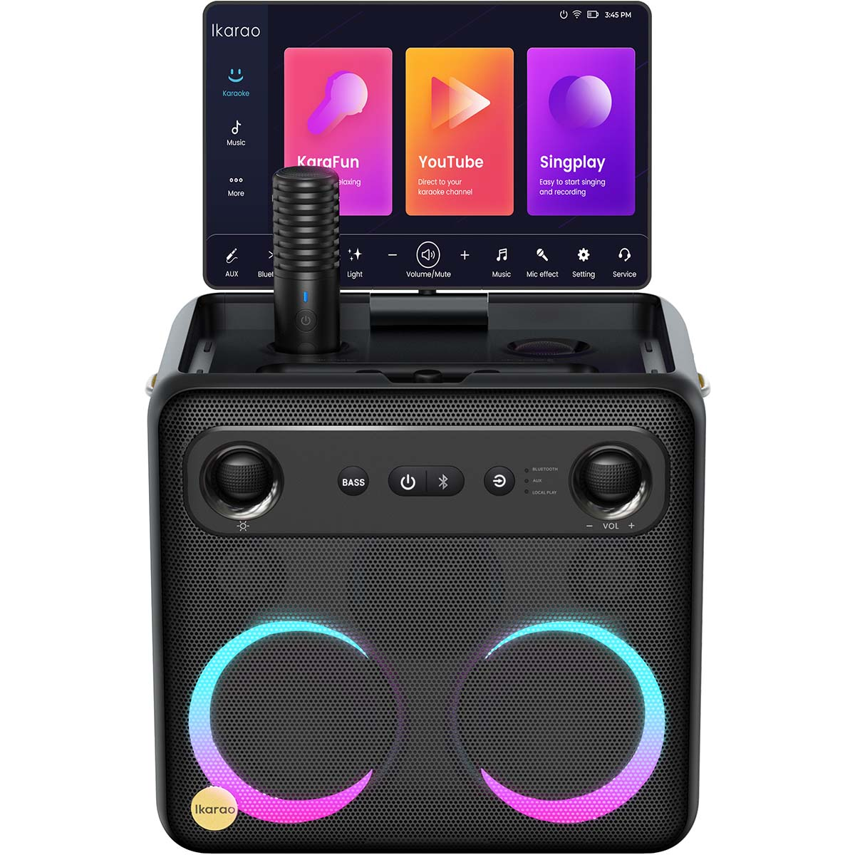 Ein schwarzer Karaoke-Lautsprecher mit Mikrofon und Touchscreen, der Apps anzeigt.