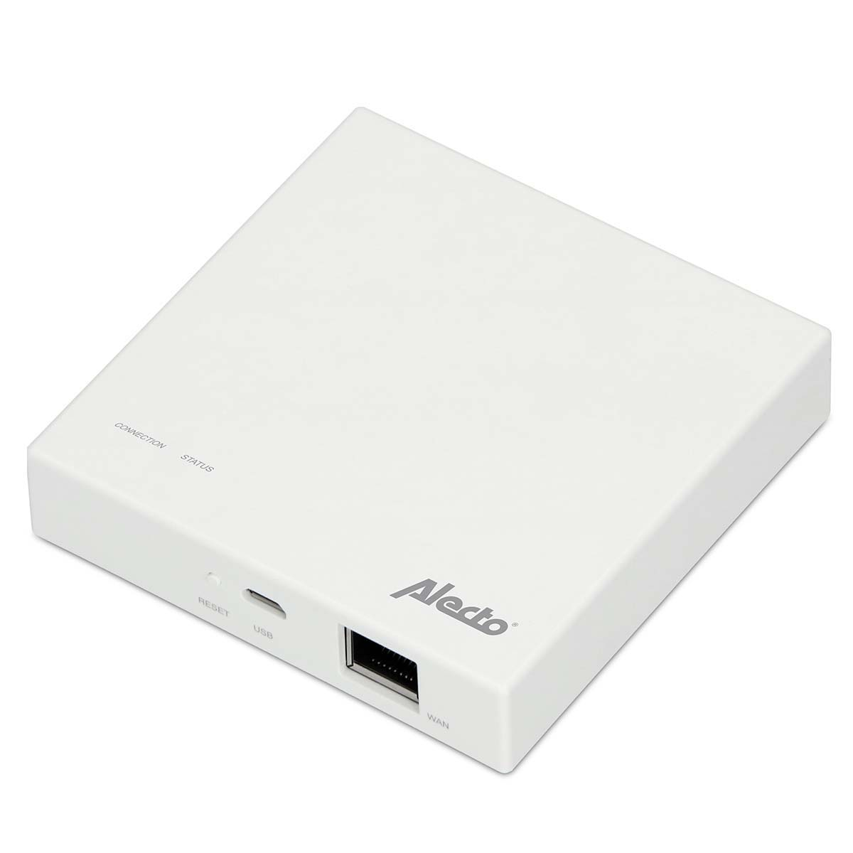 Ein weißes Alecto-Gerät mit Anschlüssen für Reset, USB und WAN.