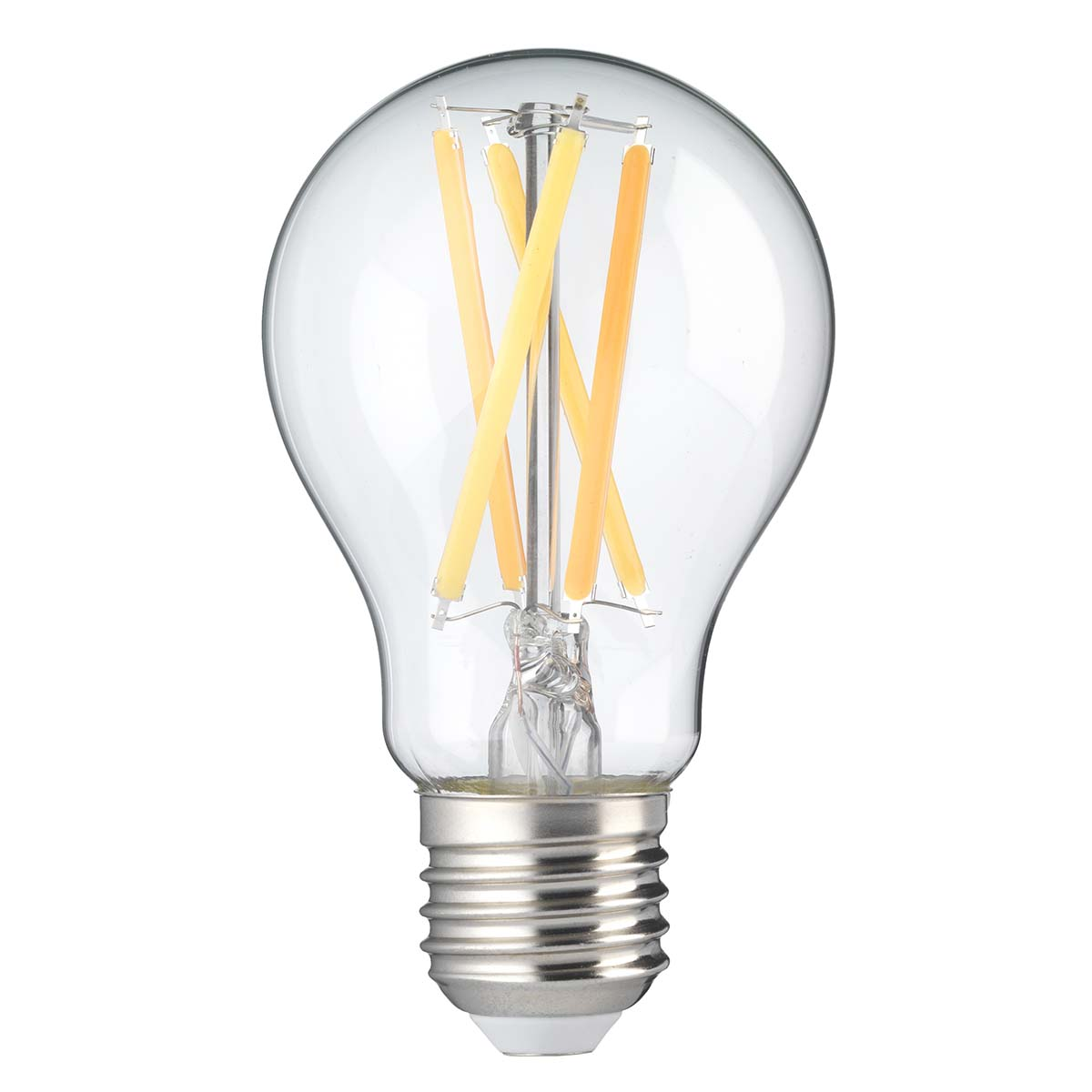 Eine durchsichtige Glühbirne mit silbernem Sockel und sichtbaren gelben LEDs.