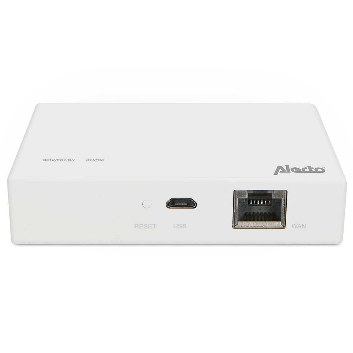 Ein weißer Alecto-Router mit USB-, Reset- und WAN-Anschlüssen.