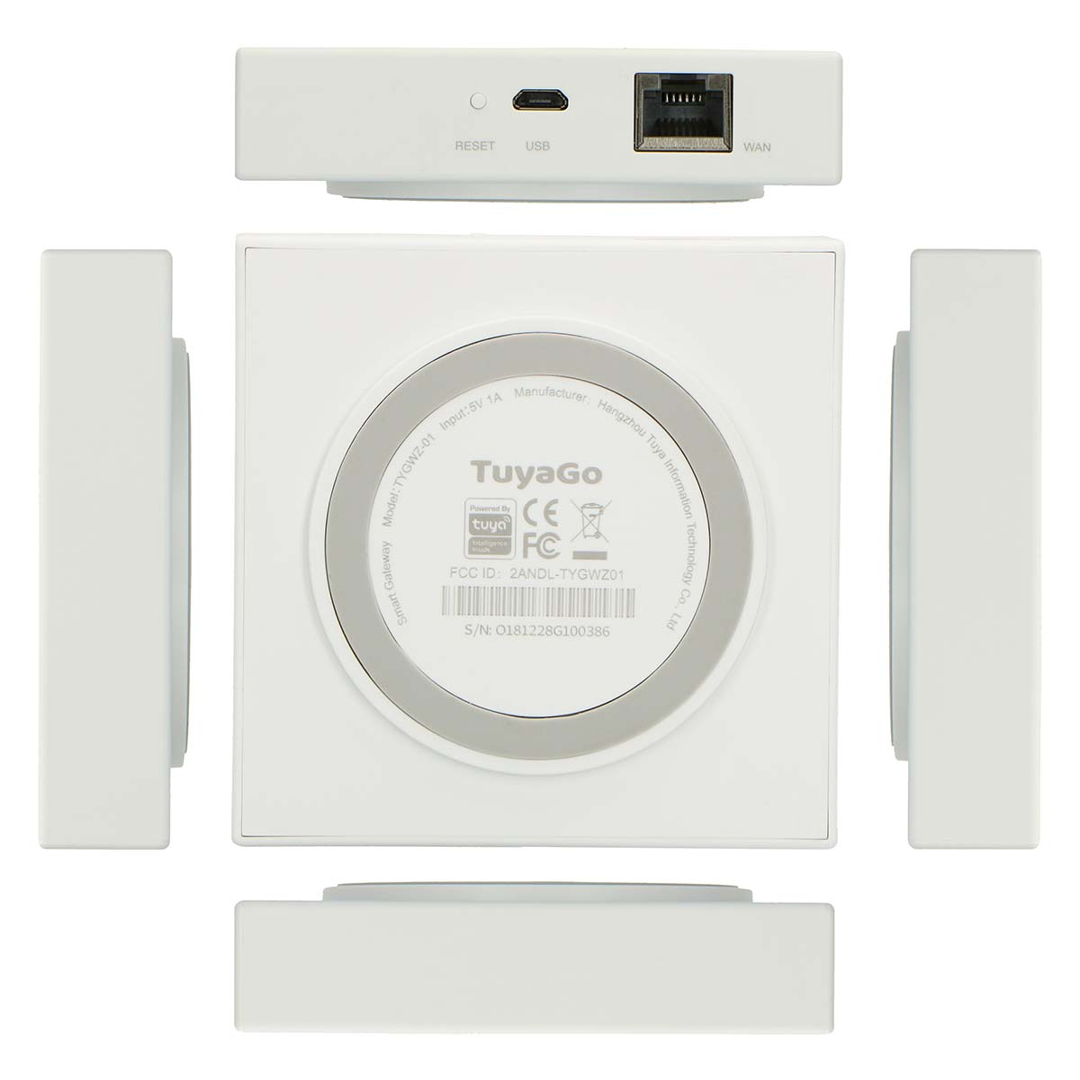Ein weißes Tuya Smart Gateway mit Anschlüssen und Beschriftungen.