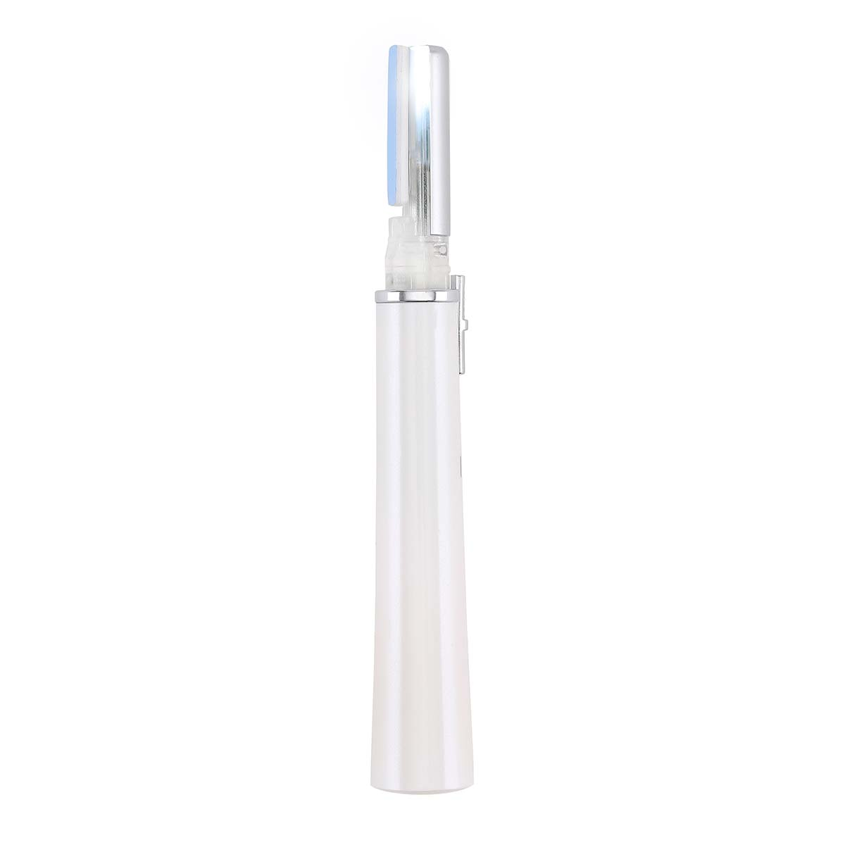 A white electric toothbrush head with a blue light strip.