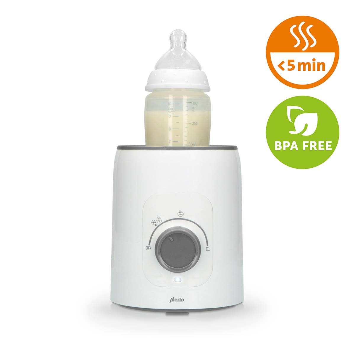 A white bottle warmer with a milk bottle, featuring 5 min and BPA-free icons.