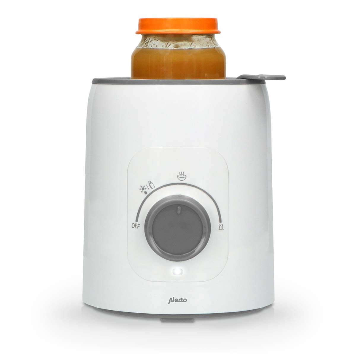 A white bottle warmer with a jar of baby food and an orange lid on top.