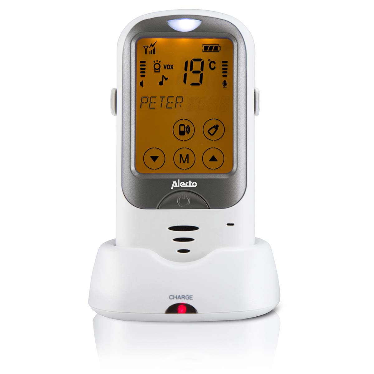 A white Alecto baby monitor on a charging base, displaying temperature 19°C.