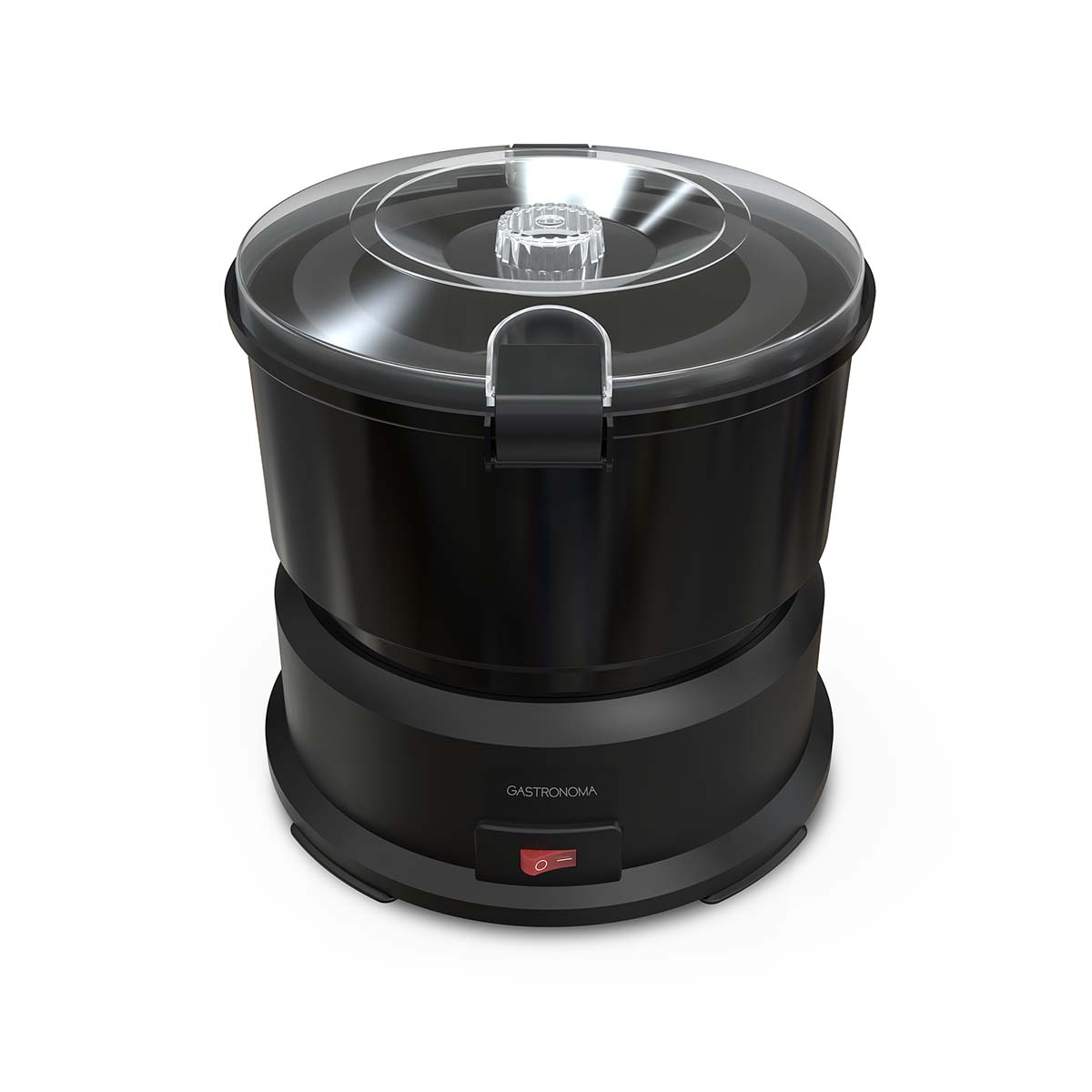 Czarny robot kuchenny z przezroczystą pokrywą i czerwonym włącznikiem.