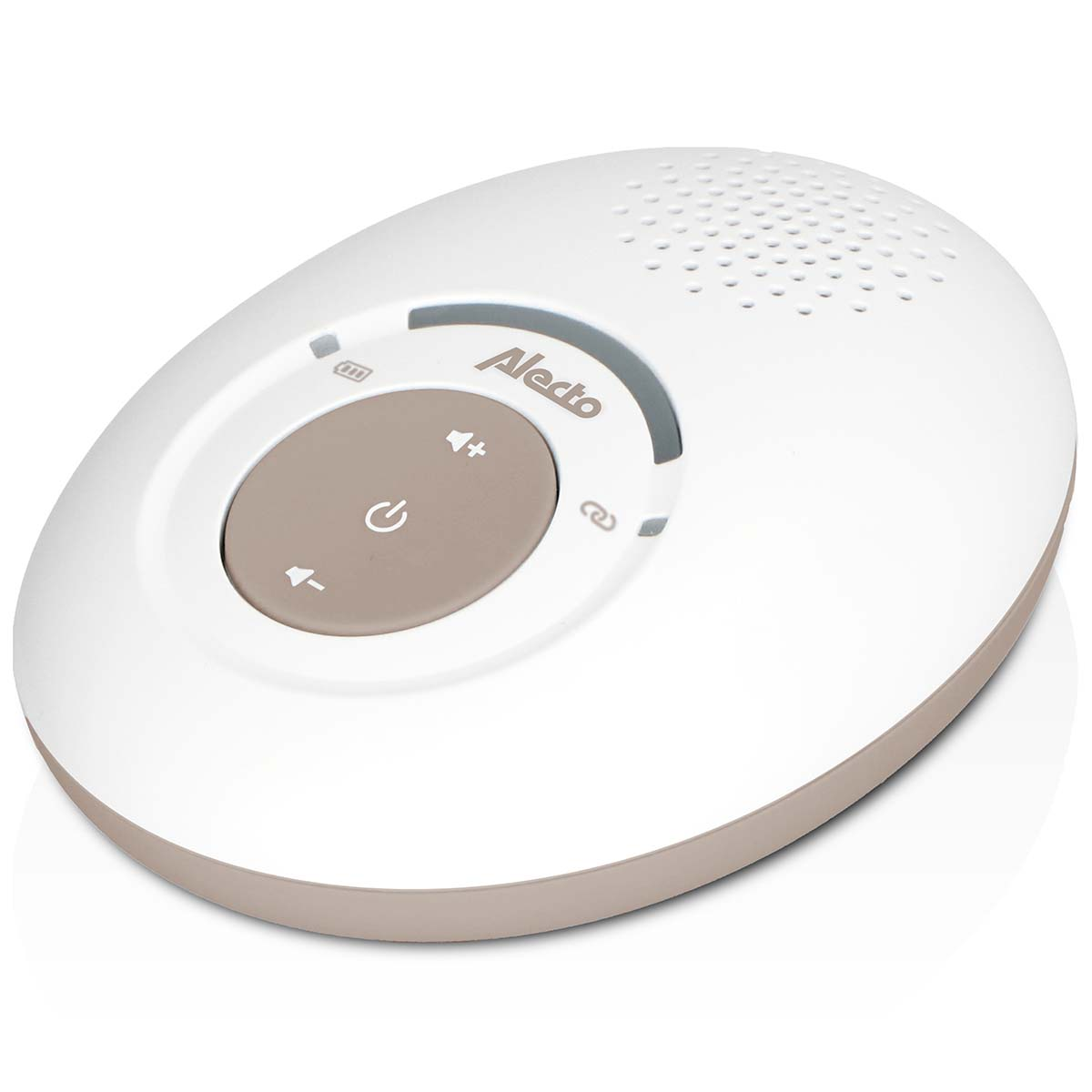 A white Alecto baby monitor parent unit with brown accents and buttons.