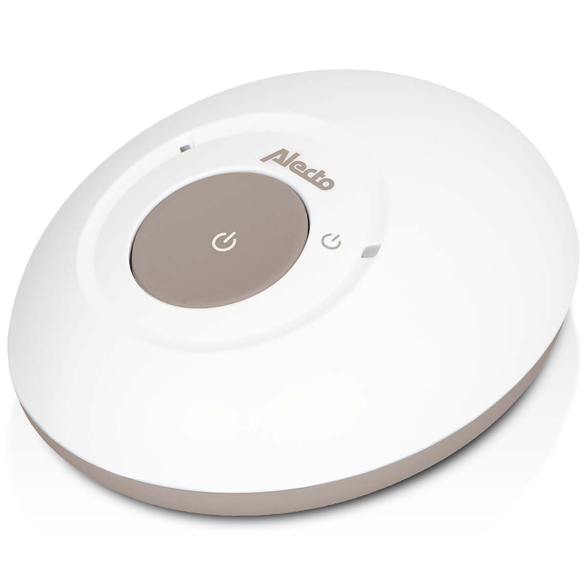 A white device with a brown button and logo.