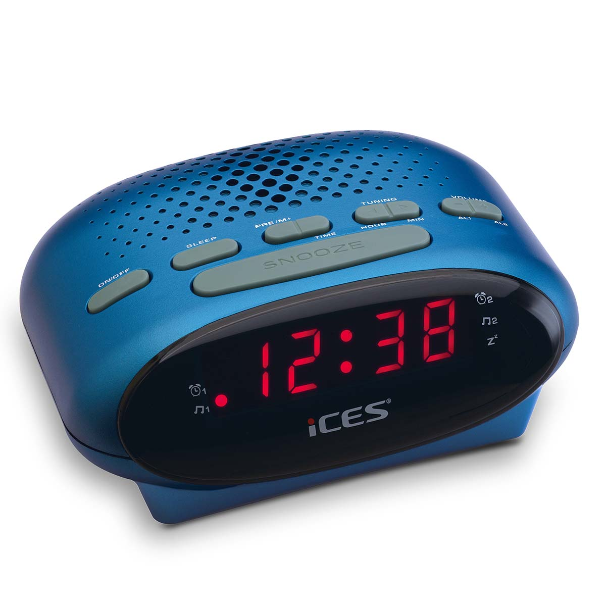 A blue digital alarm clock displays 12:38. It has a snooze button.