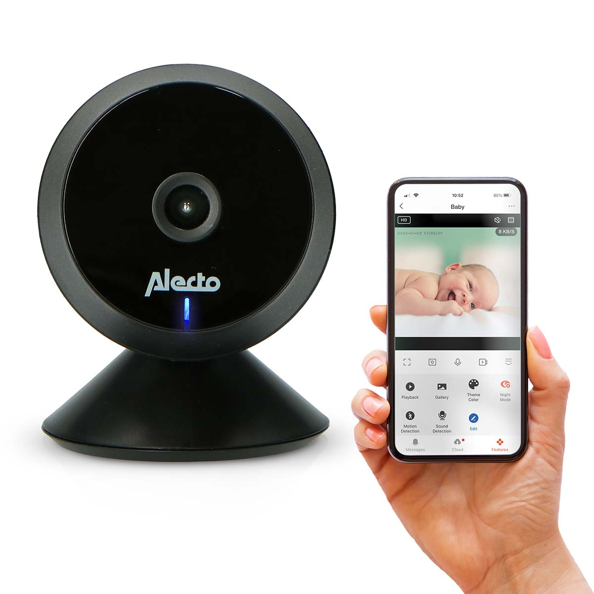 Ein Babyfon mit Kamera und ein Smartphone, das ein Baby anzeigt.