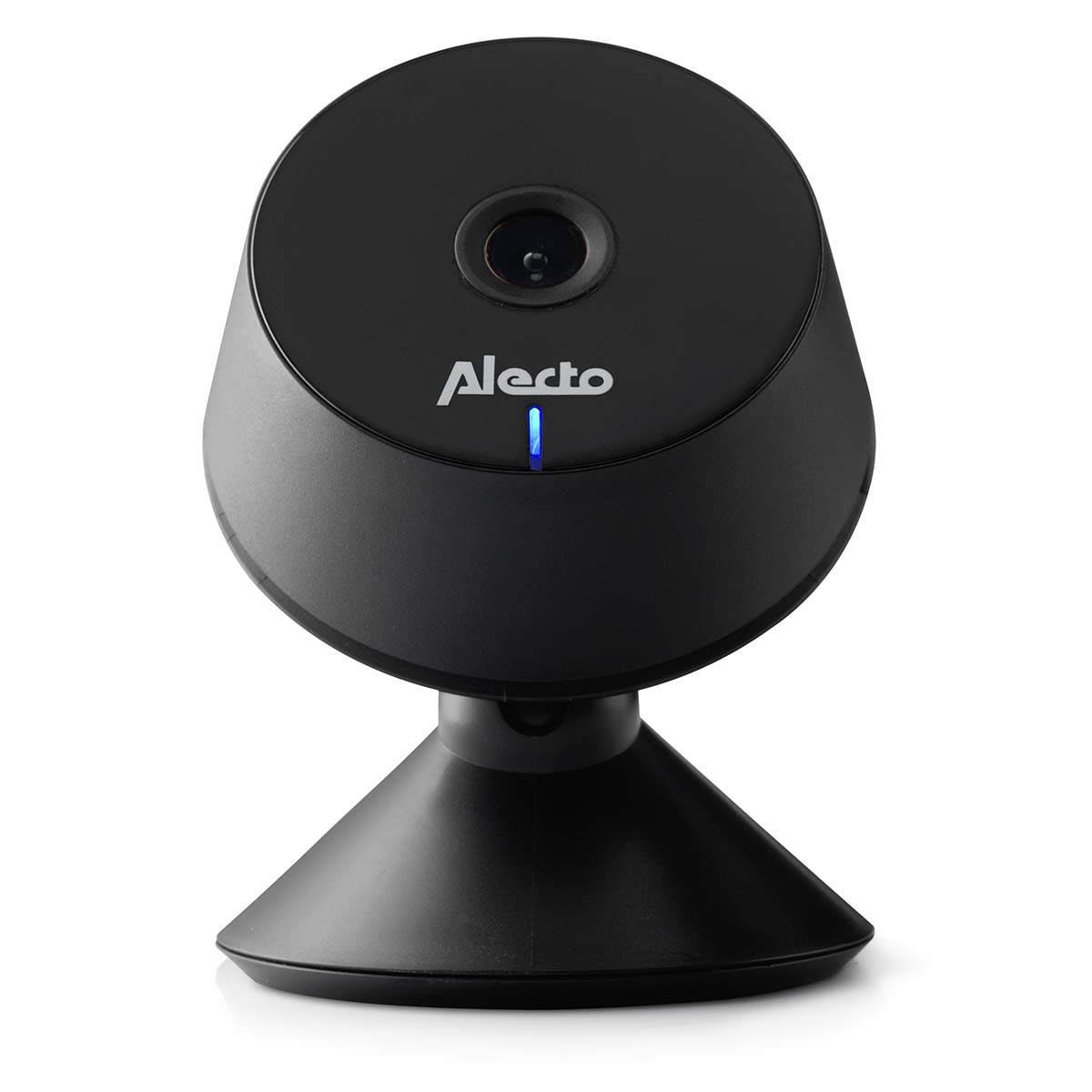 Ein schwarzer Alecto Baby Monitor mit Linse und blauem Licht.