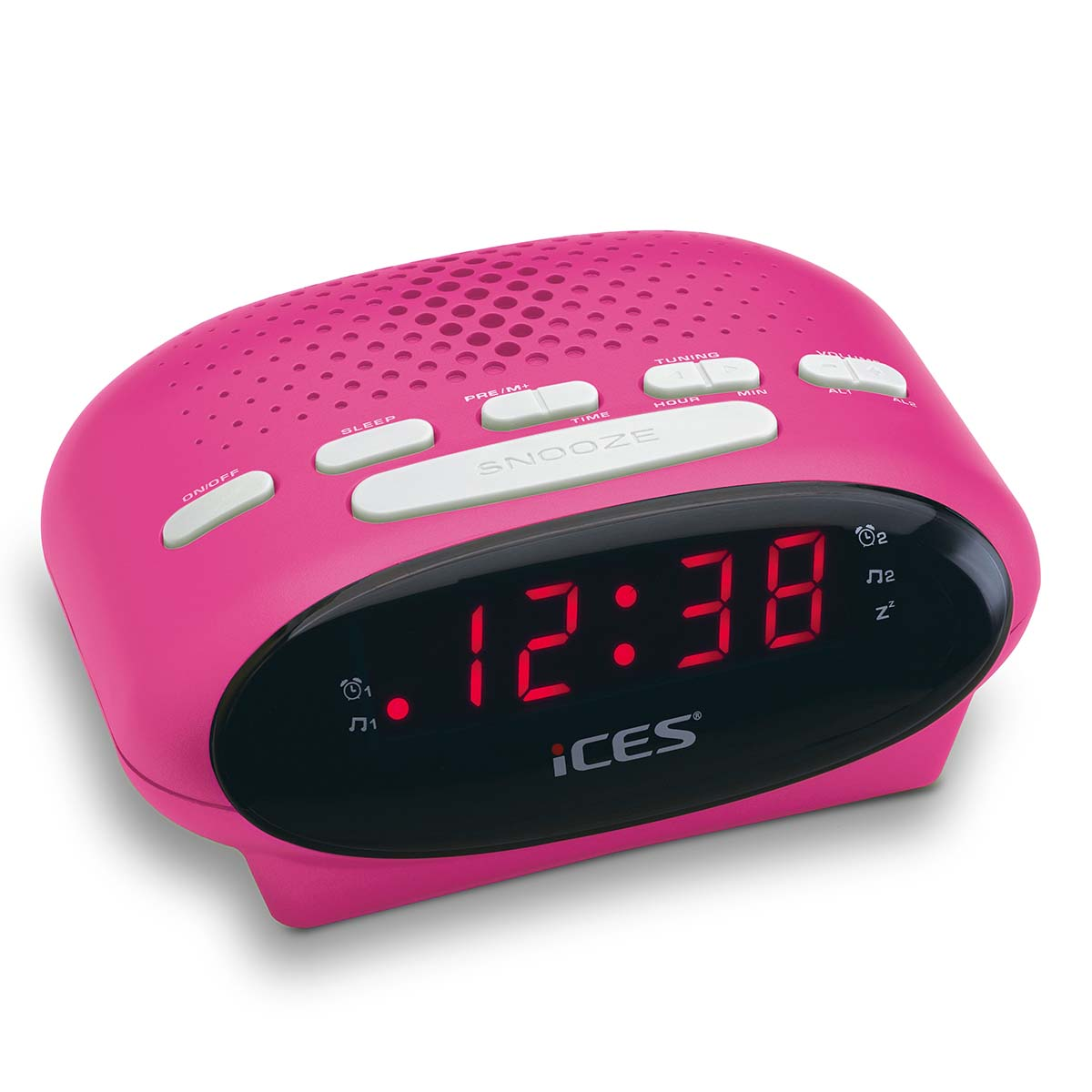 A pink digital alarm clock with red LED display showing 12:38.