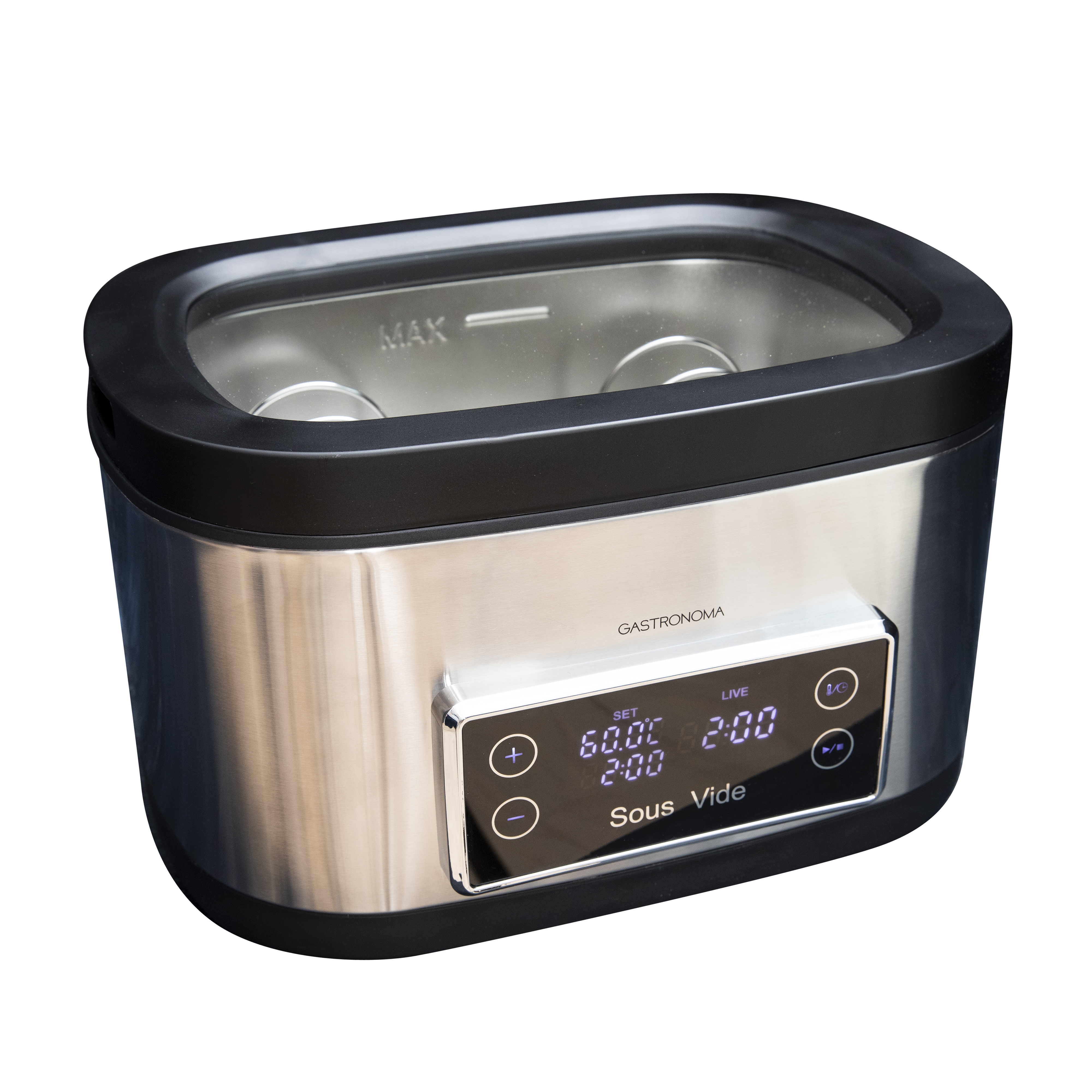 A silver sous vide cooker with a black lid and digital display.