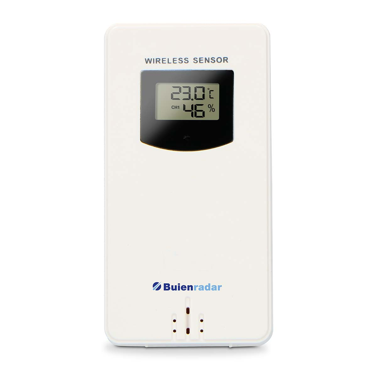 Ein weißer kabelloser Sensor mit einem digitalen Display, das 23,0 °C und 46 % anzeigt.