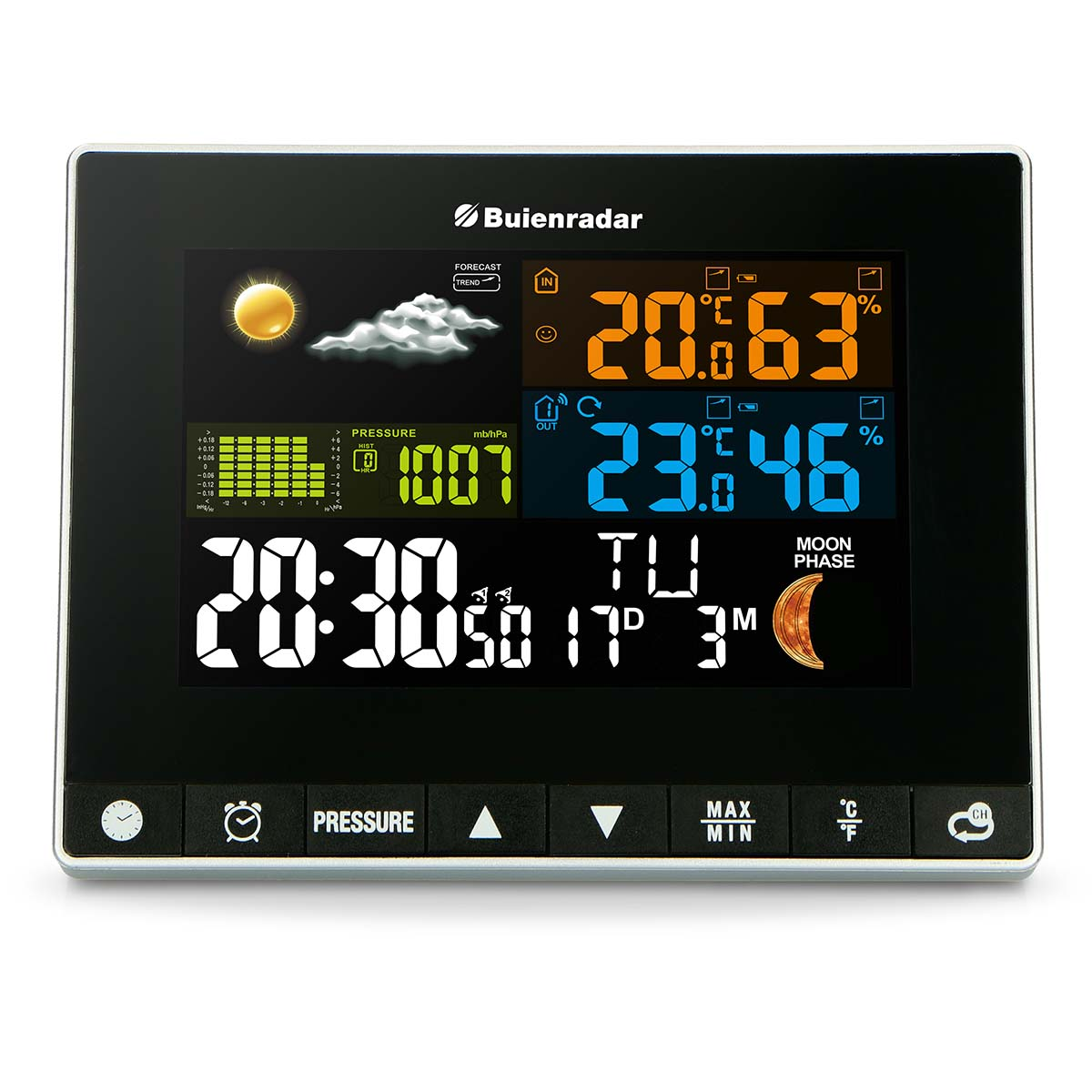 Digitale Wetterstation mit Zeit, Datum, Temperatur, Mondphase und Druckanzeige.