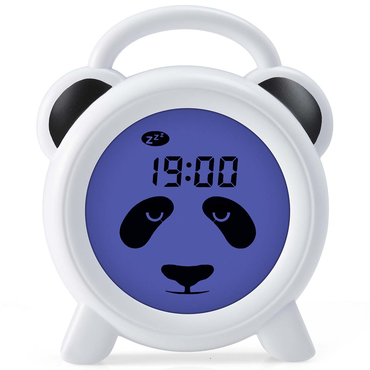 Ein weißer Wecker mit Pandagesicht und blauer Digitalanzeige, die 19:00 anzeigt.