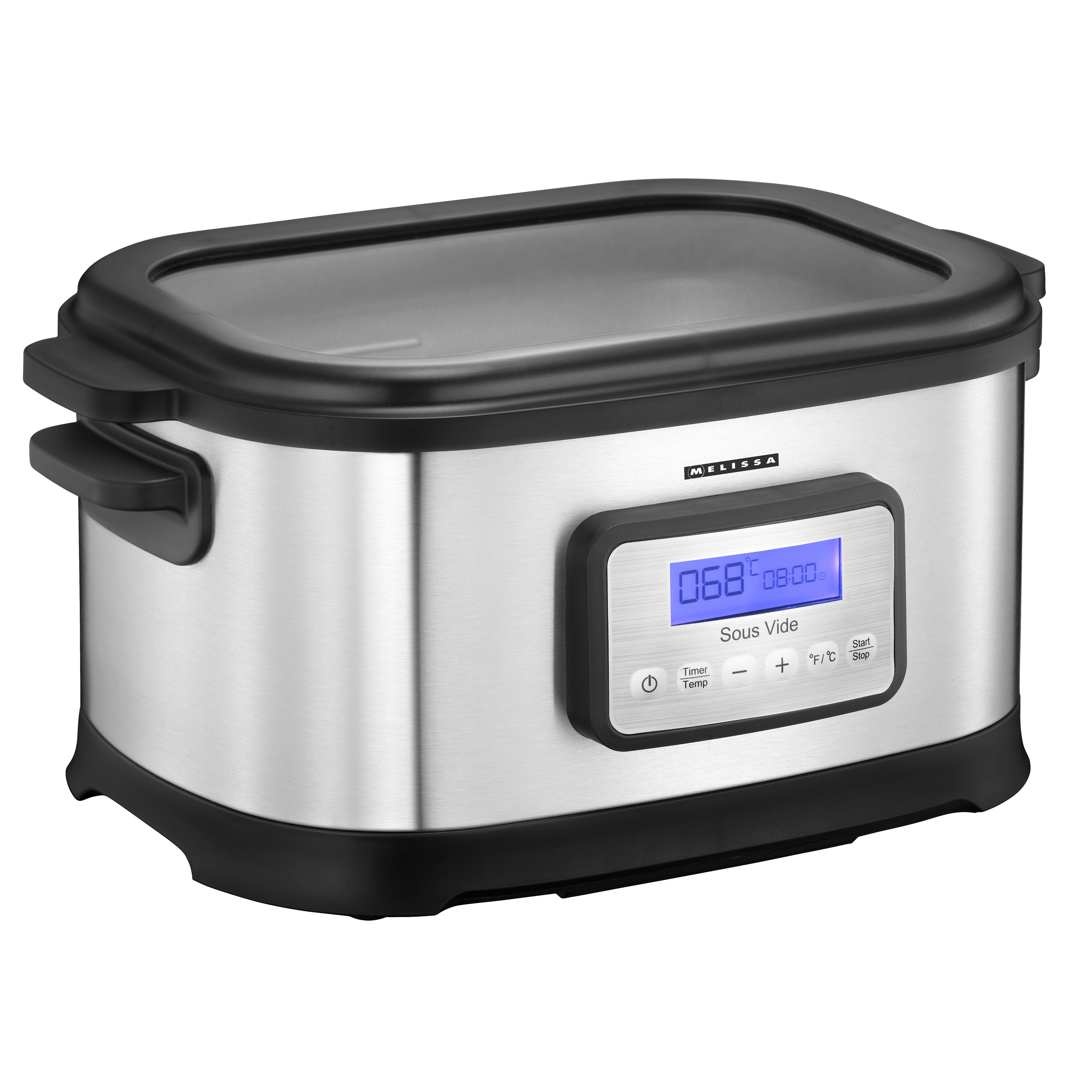 Urządzenie sous vide ze stali nierdzewnej z czarną pokrywą i cyfrowym wyświetlaczem.