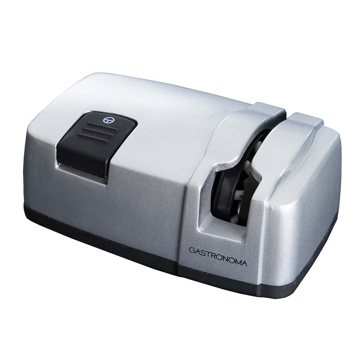 Srebrna elektryczna ostrzałka do noży z czarnym przyciskiem i logo.