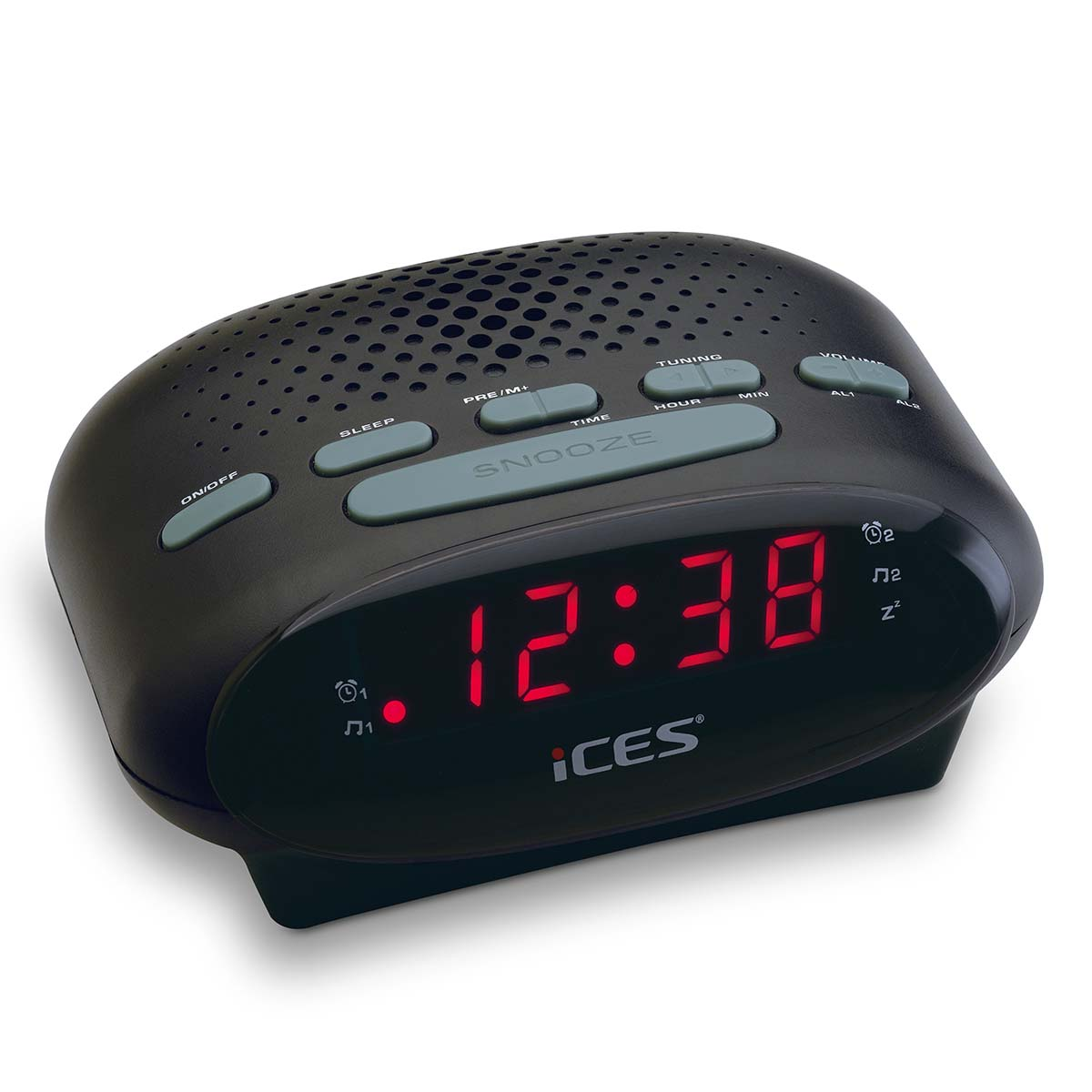 A black digital alarm clock with a red display shows 12:38.