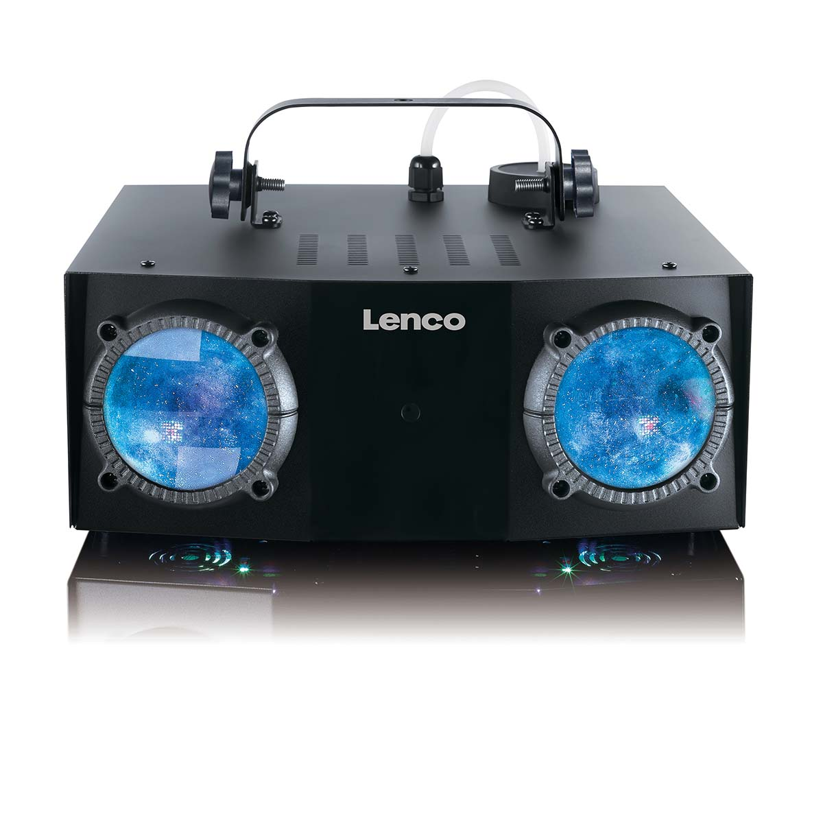 Black Lenco fog/light effect machine with two blue lights.