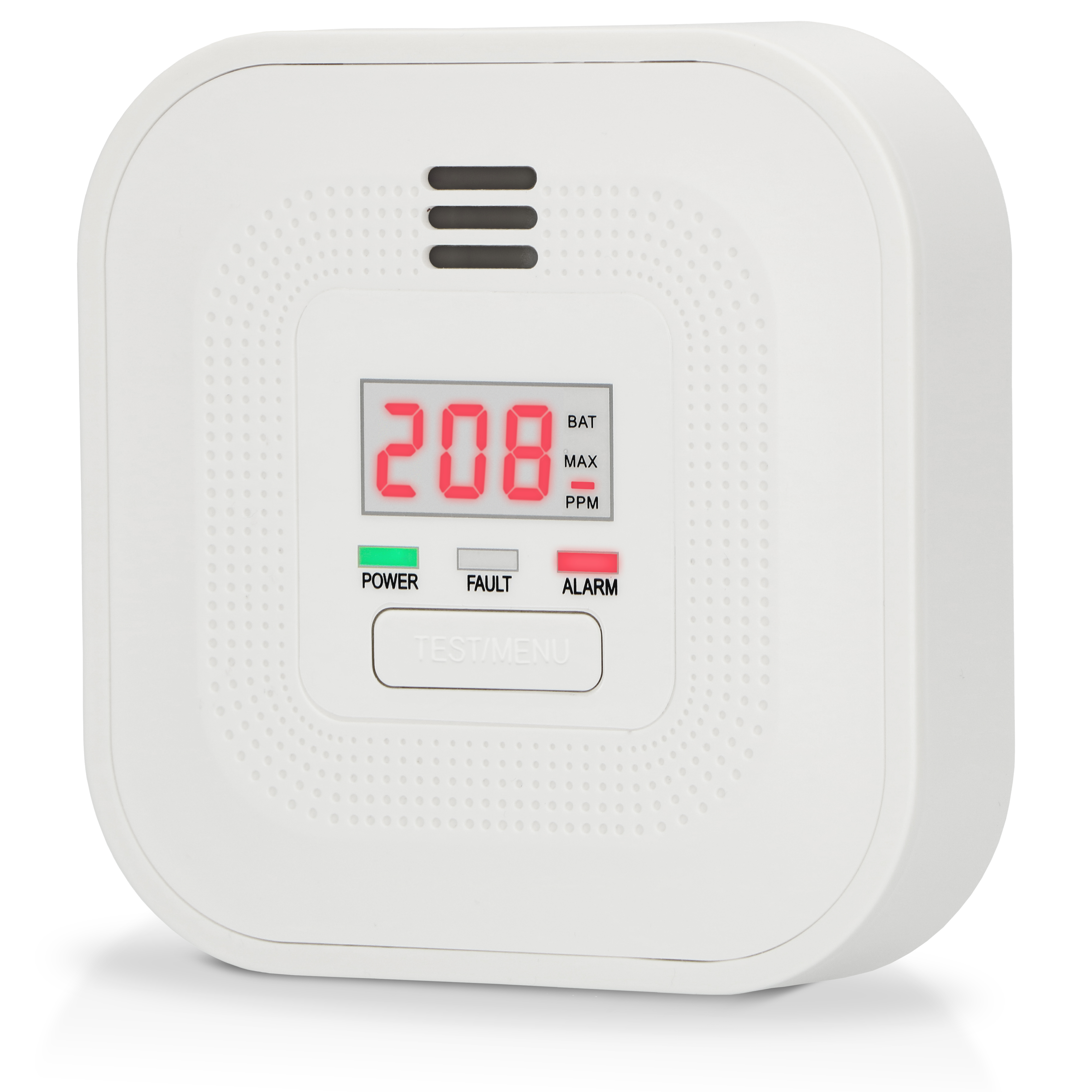 Weißer digitaler CO-Detektor zeigt 208 PPM an, mit grüner Strom-, grauer Fehler-, roter Alarmleuchte.