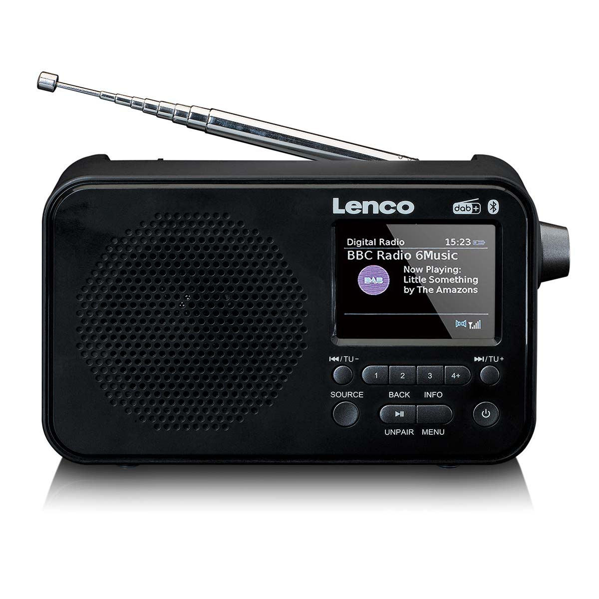 Une radio Lenco DAB+ noire avec antenne déployée et écran LCD affichant des détails.