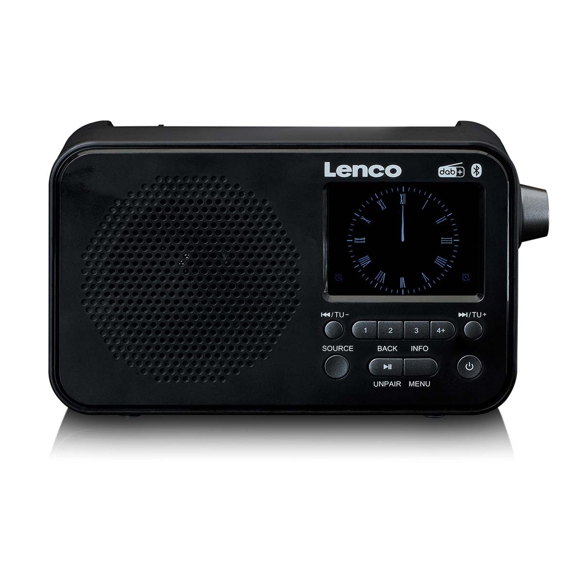 Radio Lenco DAB+ noire avec haut-parleur, écran et boutons de commande.