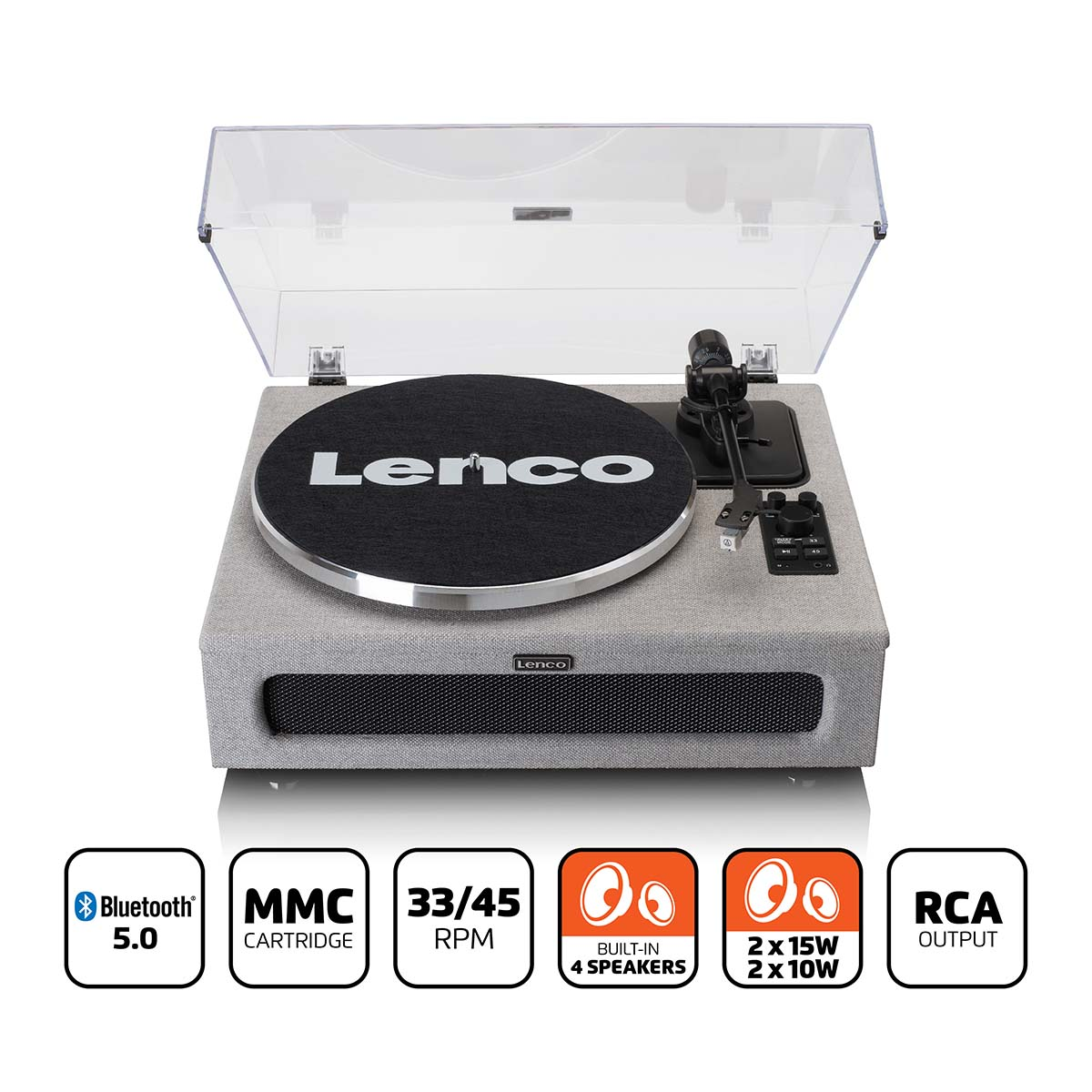 Tocadiscos gris con tapa transparente, logo Lenco e iconos de funciones.