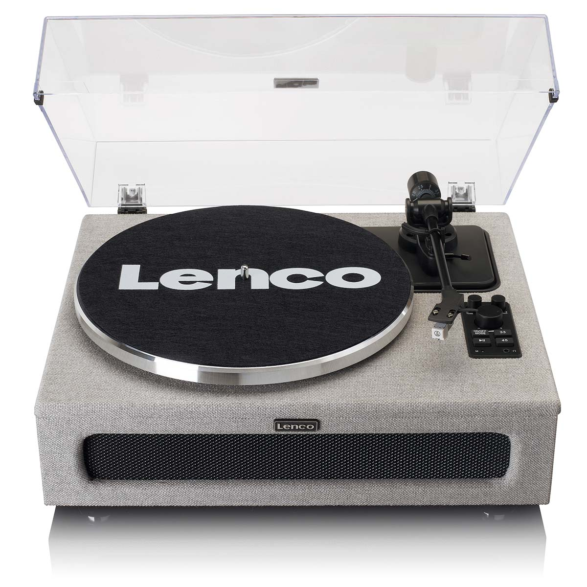 Un tocadiscos gris con plato negro y el logo de Lenco.