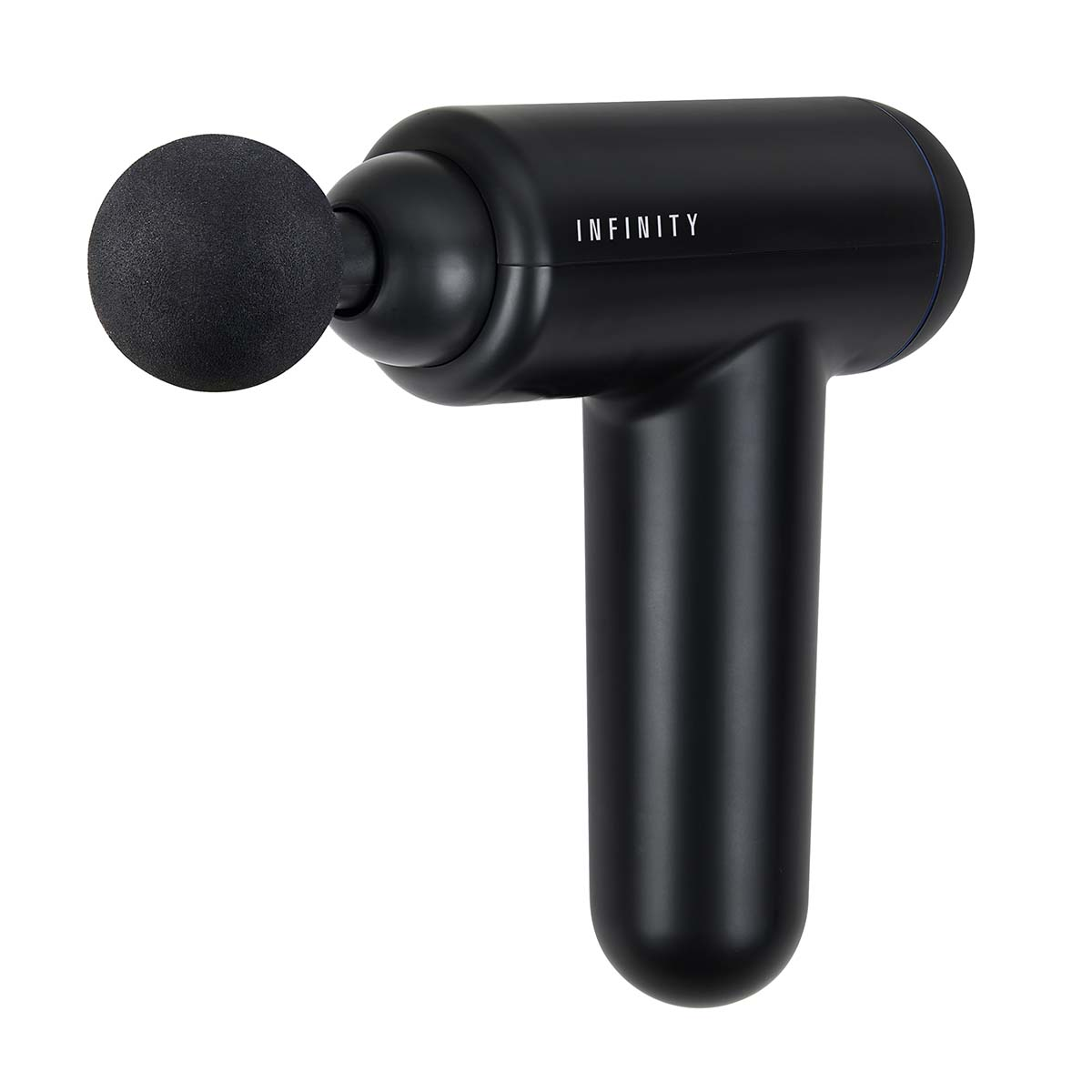 Czarny pistolet do masażu z okrągłą głowicą i napisem INFINITY.