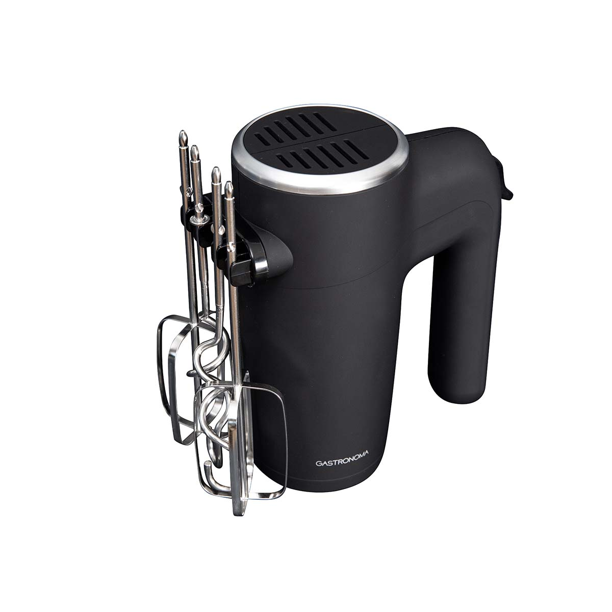 Czarny mikser ręczny ze srebrnymi końcówkami i otworami wentylacyjnymi.