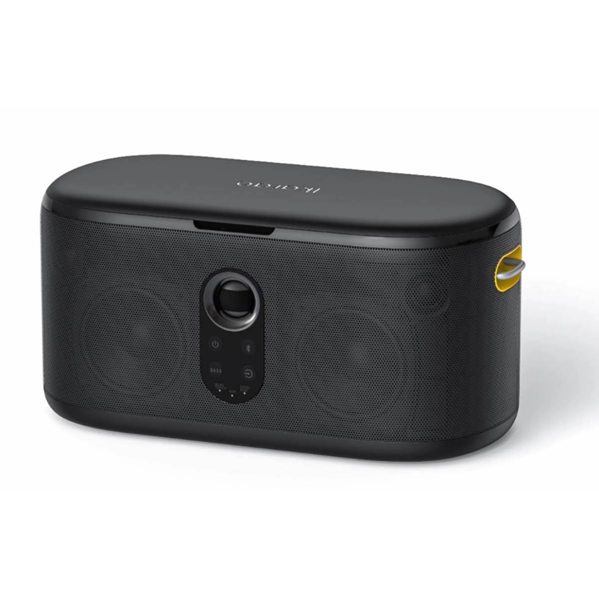 Schwarzer Bluetooth-Lautsprecher mit gelbem Tragegriff und Bedienelementen.