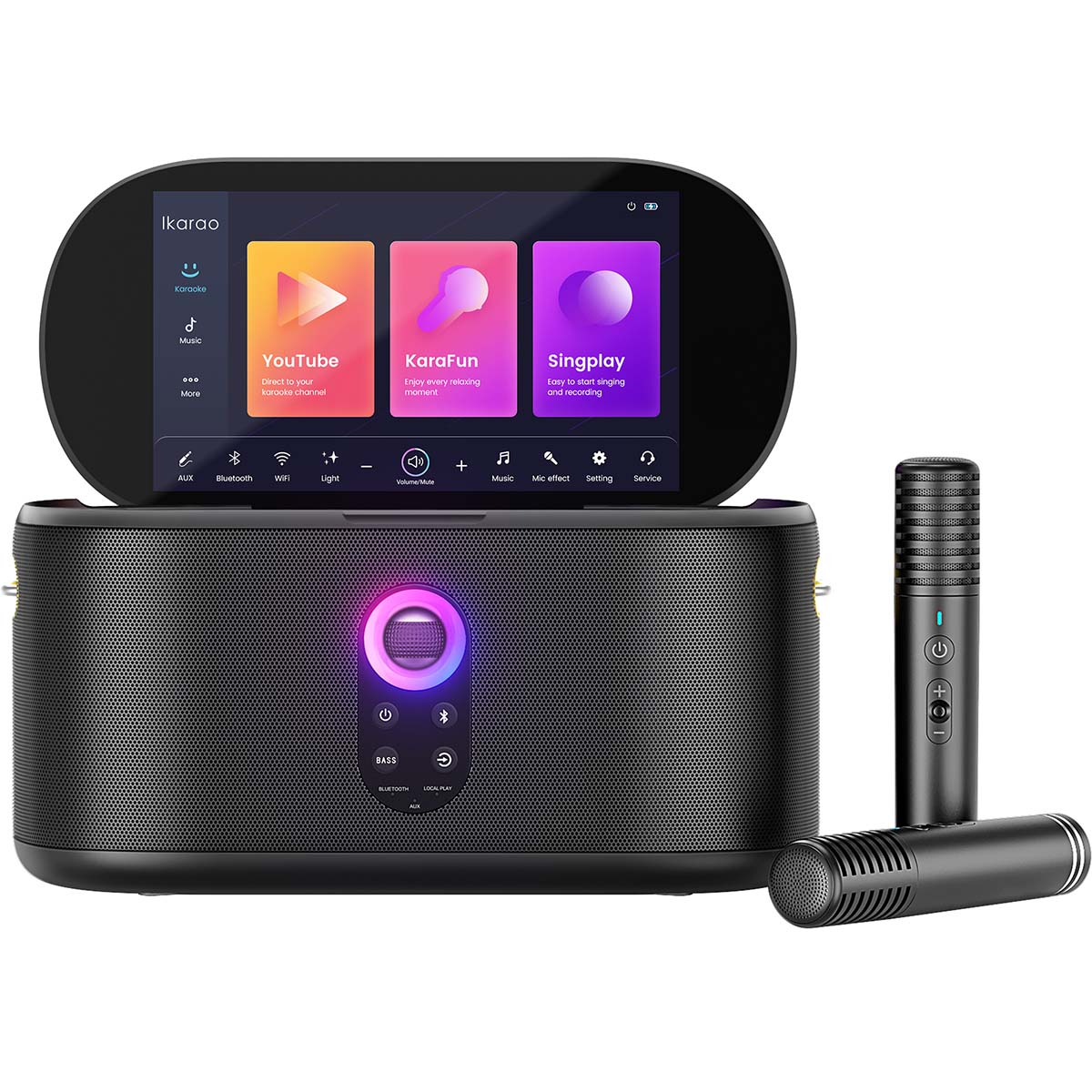 Ein schwarzer Karaoke-Lautsprecher mit Touchscreen und zwei Mikrofonen.