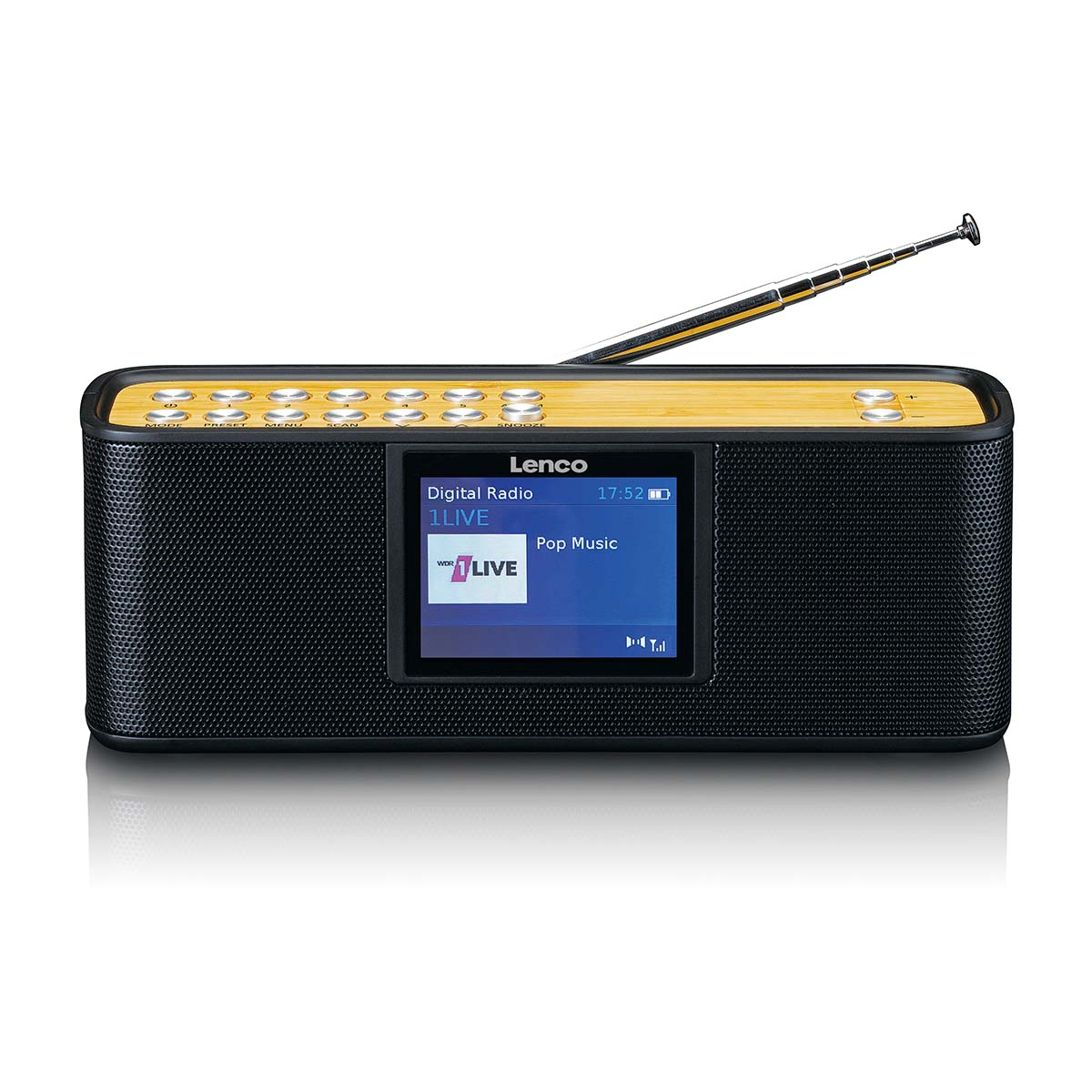 Ein Lenco Digitalradio mit Holzoberfläche, schwarzem Gitter und ausfahrbarer Antenne.