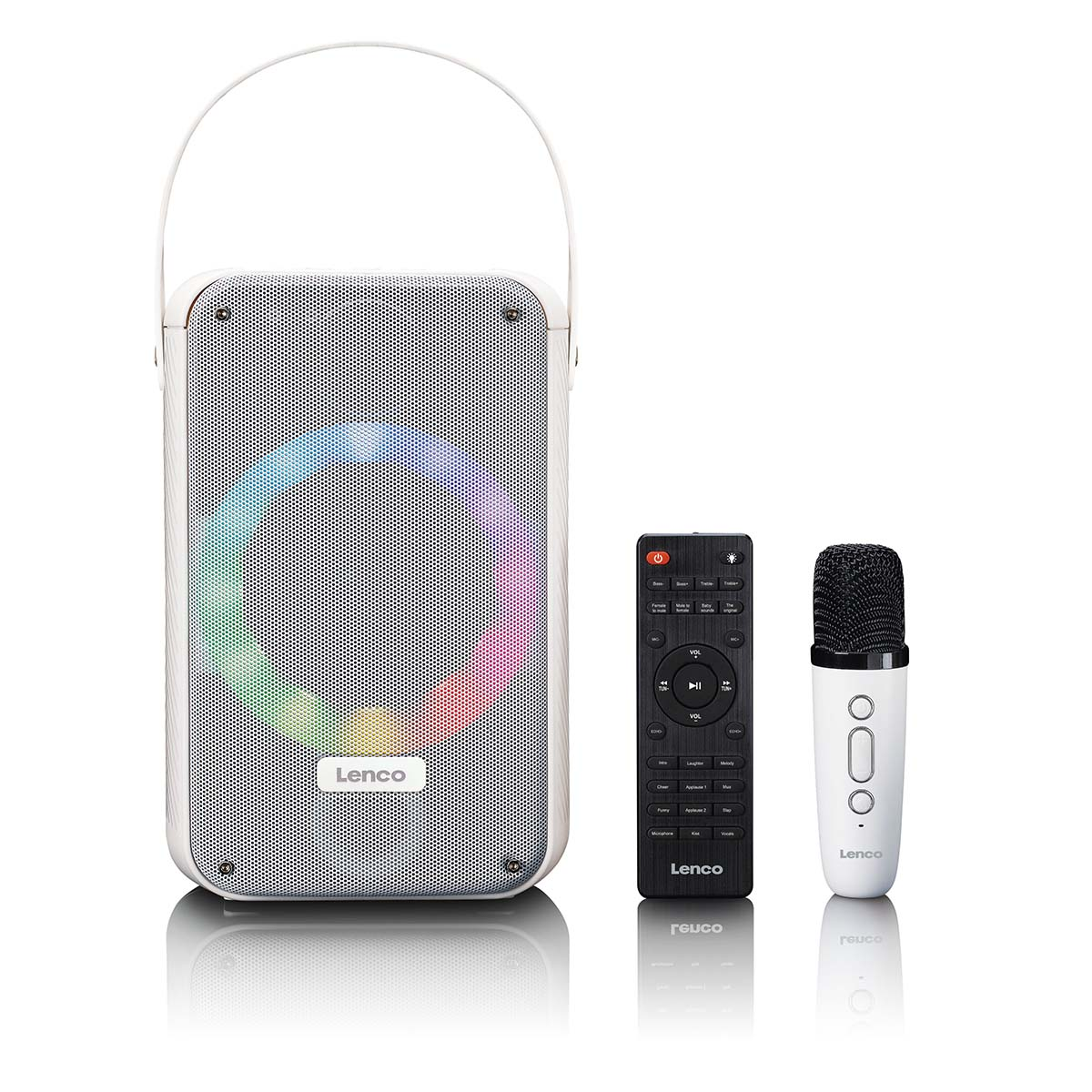 Een witte Lenco speaker met regenboog-LEDs, afstandsbediening en microfoon.