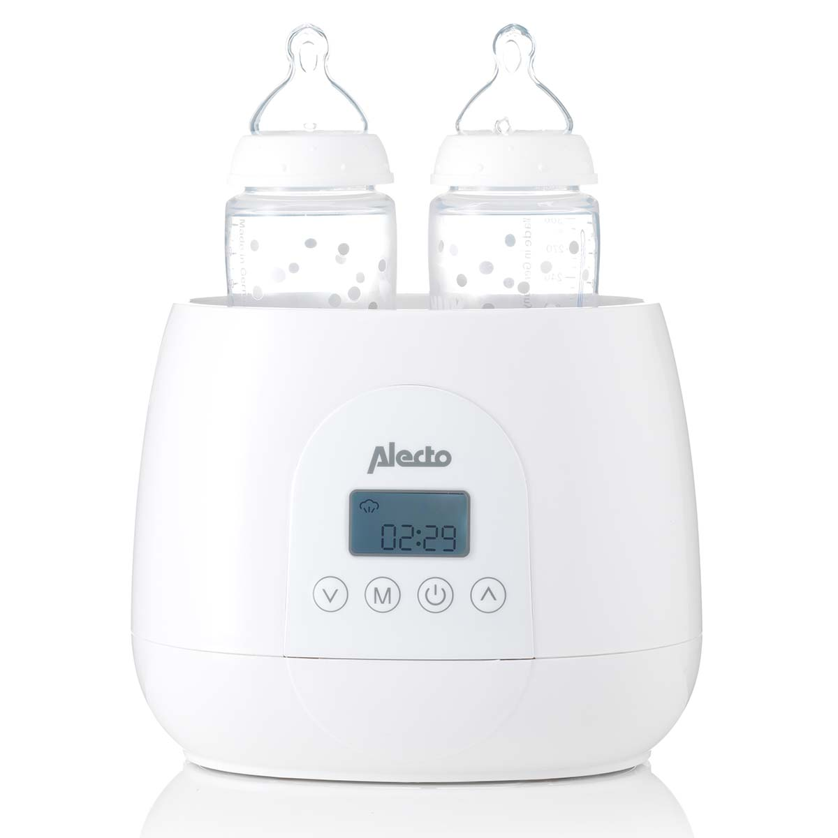 Calentador de biberones Alecto blanco con dos biberones y pantalla digital mostrando 02:29.