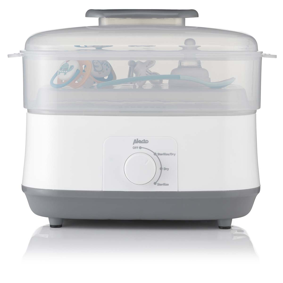 White and grey Alecto baby bottle sterilizer with pacifiers and spoon inside.