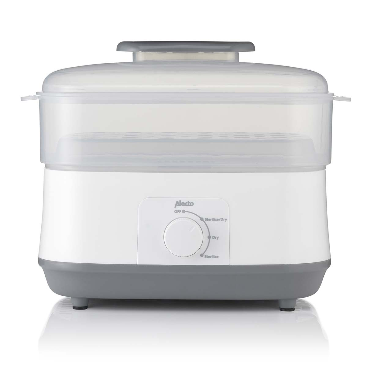 A white and gray baby bottle sterilizer with clear inserts and a control dial.