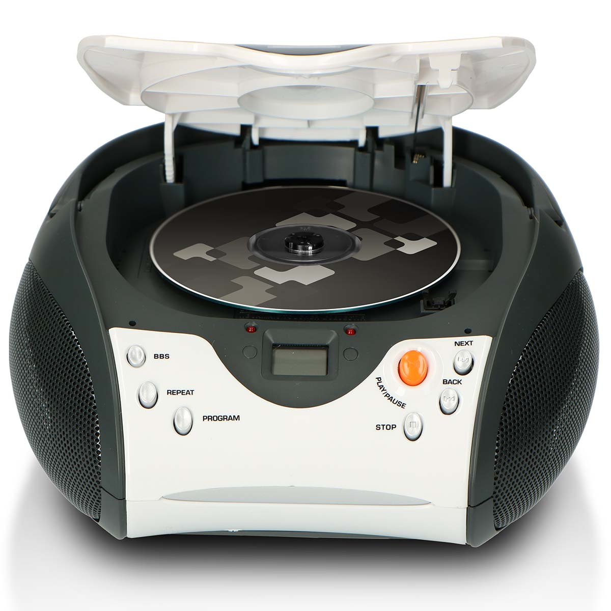 Ein tragbarer CD-Player mit aufgeklapptem Deckel und CD.