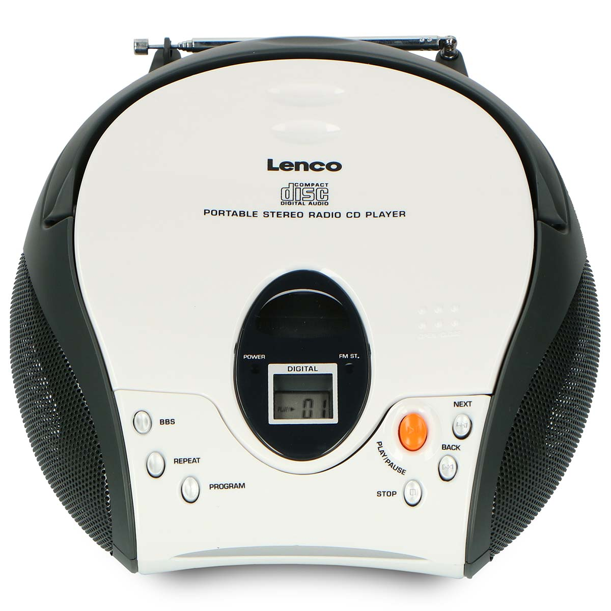 Ein Lenco tragbarer Stereo-Radio-CD-Player mit schwarzem und weißem Gehäuse und Knöpfen.