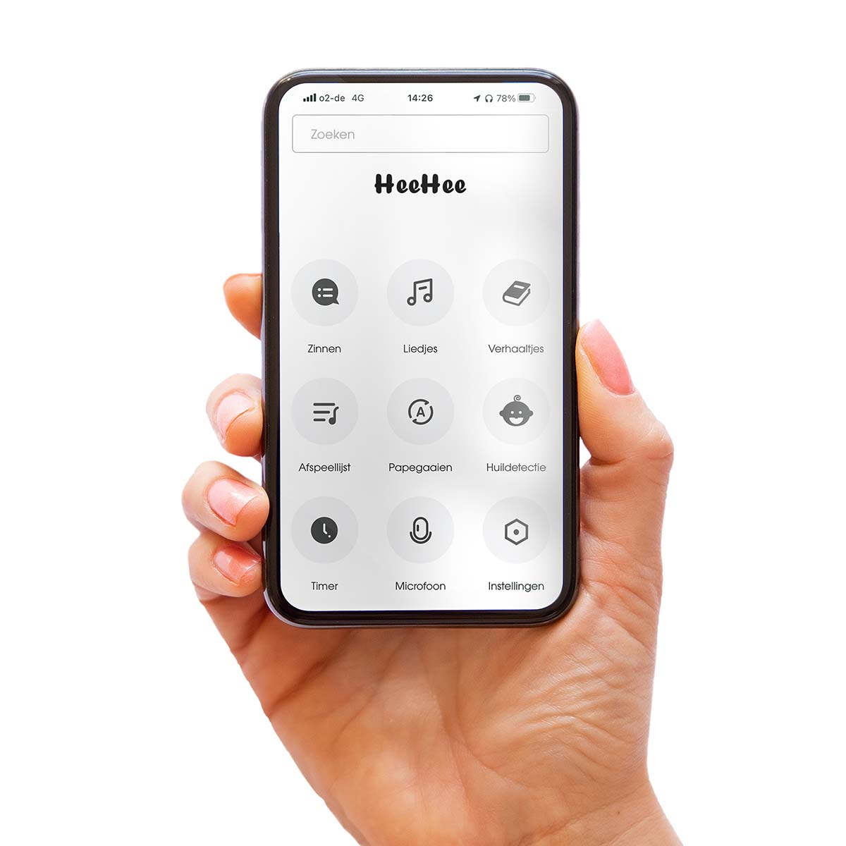 Hand holds smartphone with HeeHee app: Search, Songs, Stories, Timer.