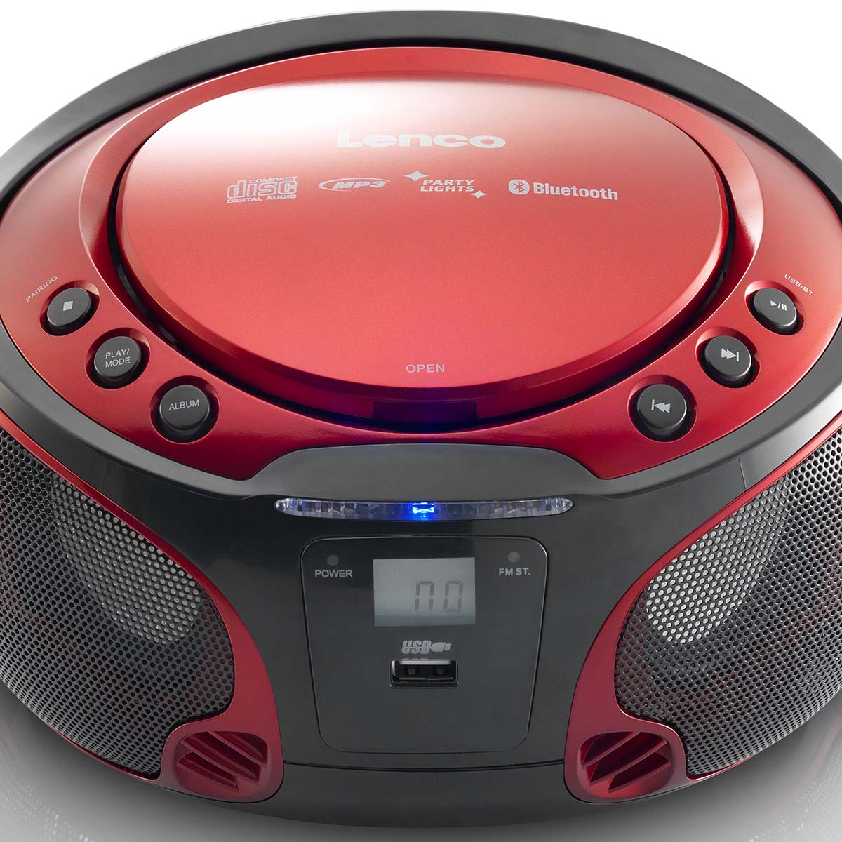 A red Lenco CD player with Bluetooth and party lights.