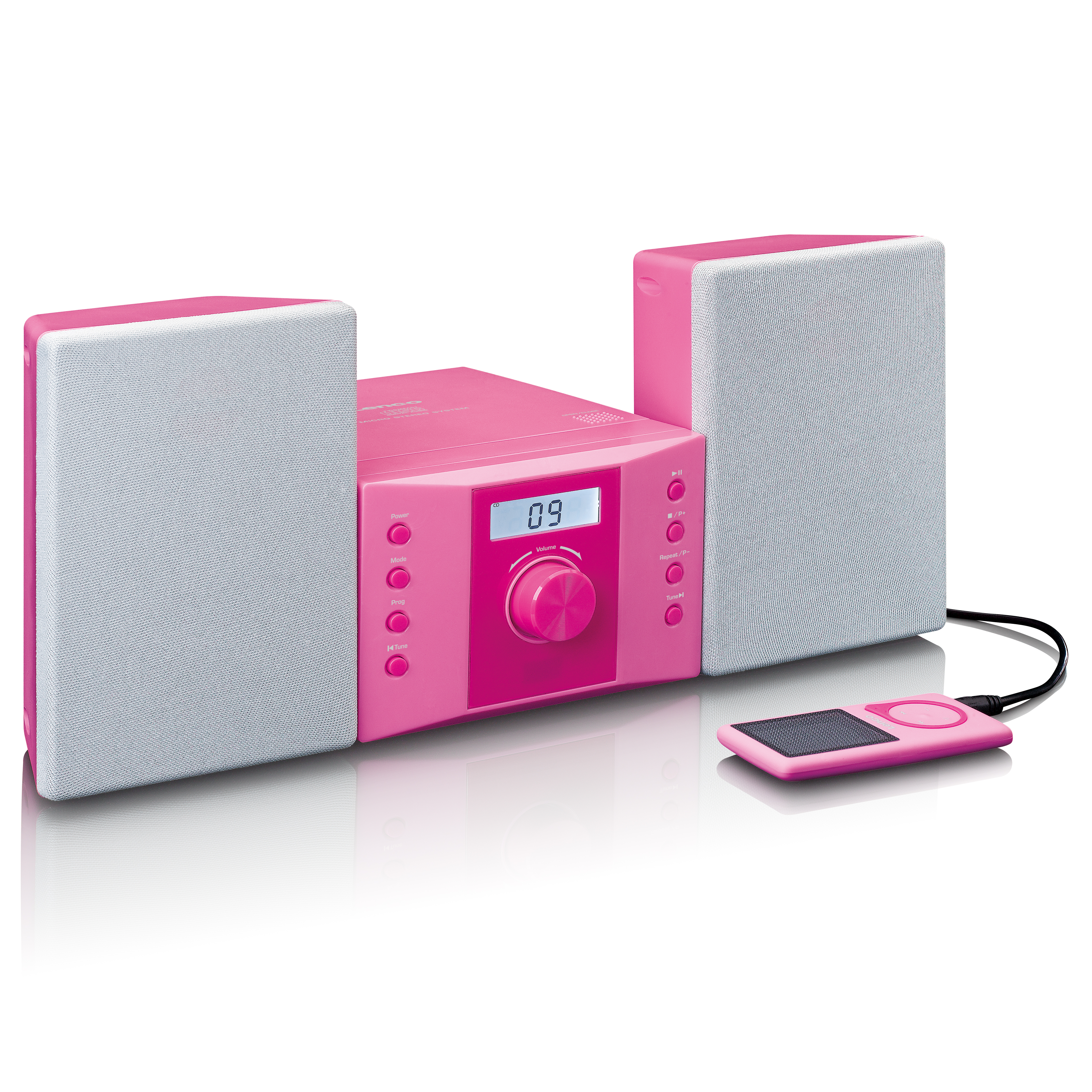 Ein pinkes Stereo-System mit zwei Lautsprechern und einem MP3-Player.