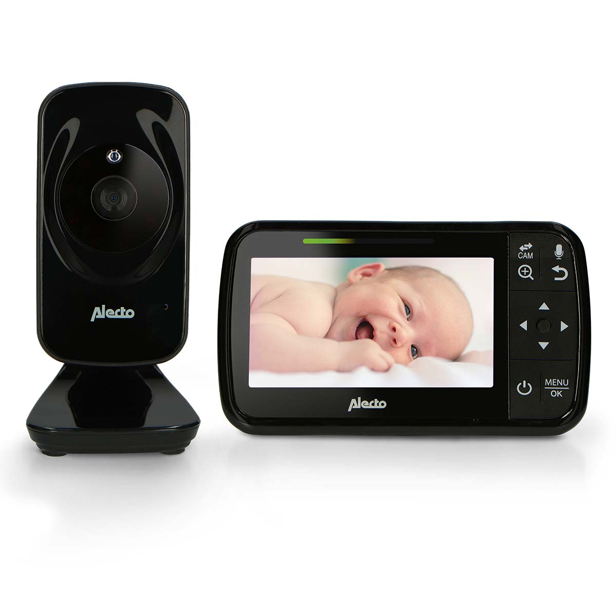 Ein Babyphone mit Kamera und Monitor zeigt ein lachendes Baby.
