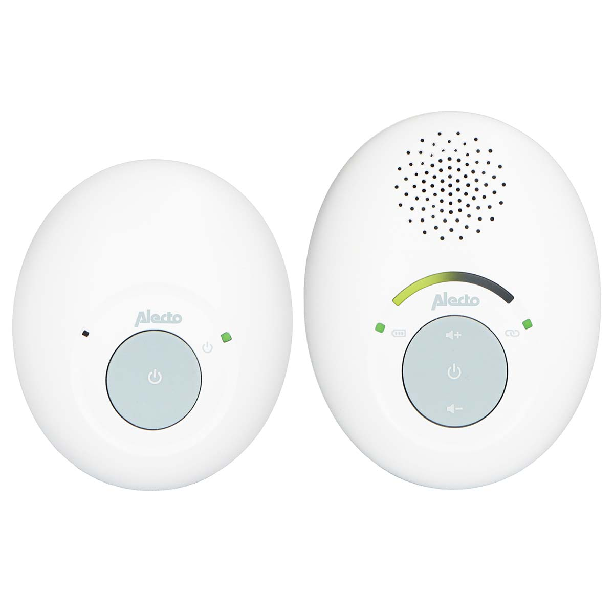 Two white baby monitors with Alecto logo and power buttons.