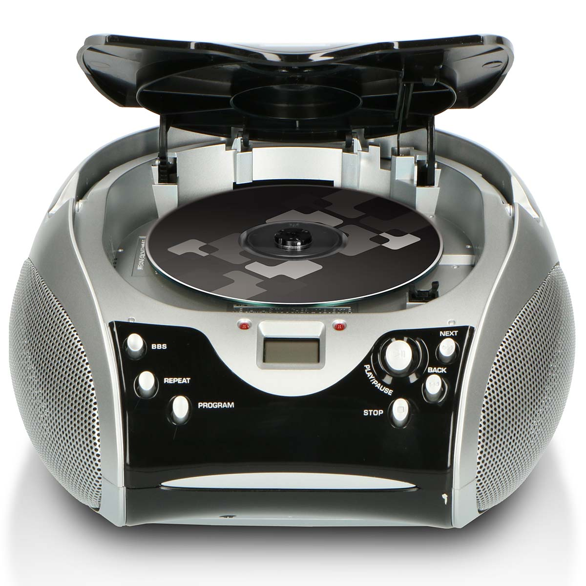 A silver boombox CD player with its lid open and a CD inside.