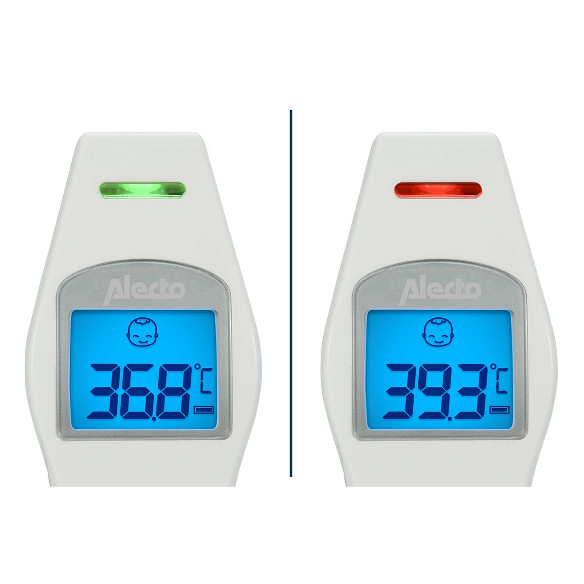 Zwei digitale Thermometer. Links zeigt 36.8°C mit grüner Leuchte. Rechts zeigt 39.3°C mit roter Leuchte.
