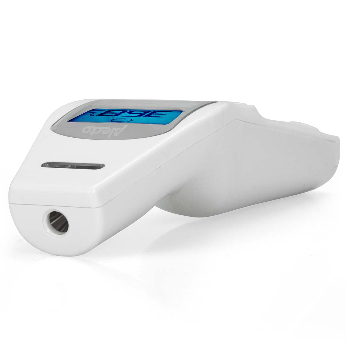 Ein weißes digitales Thermometer mit blauem Display, das 36,8°C anzeigt.